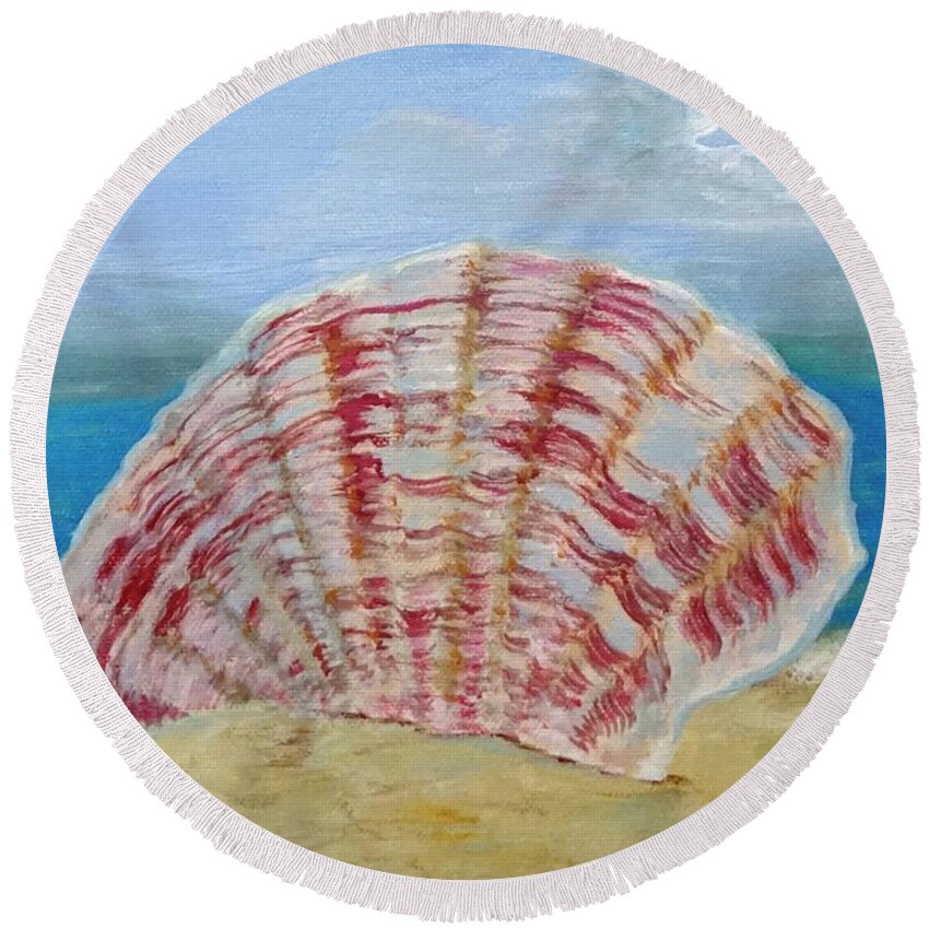 Scallop Round Beach Towel featuring the painting Scallop Shell In The Sand by Mike Jenkins