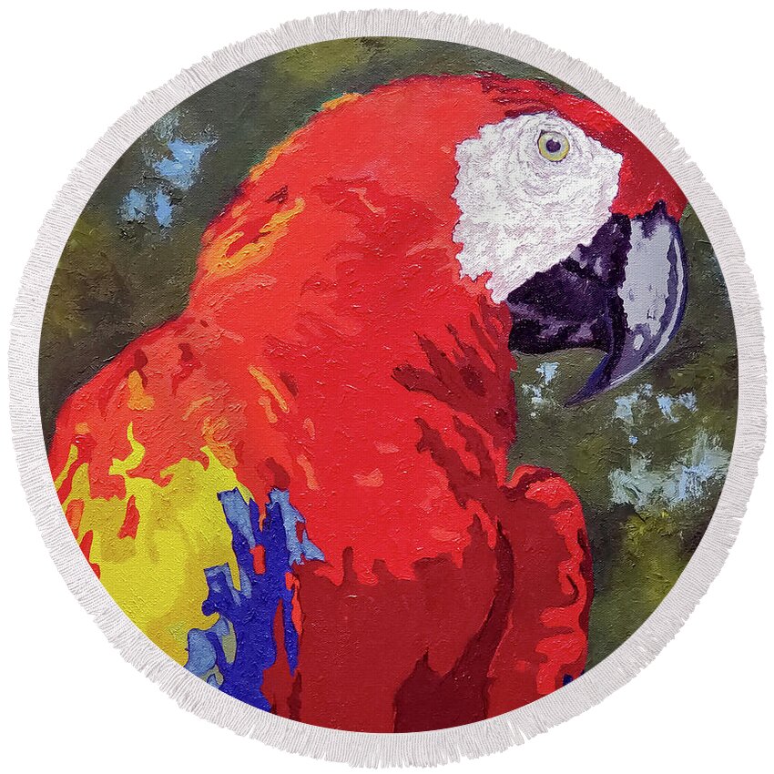 Bird Round Beach Towel featuring the painting Scarlet Elegance by Cheryl Bowman