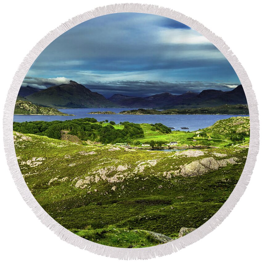 Agriculture Round Beach Towel featuring the photograph Scenic Coastal Landscape With Remote Village Around Loch Torridon And Loch Shieldaig In Scotland by Andreas Berthold