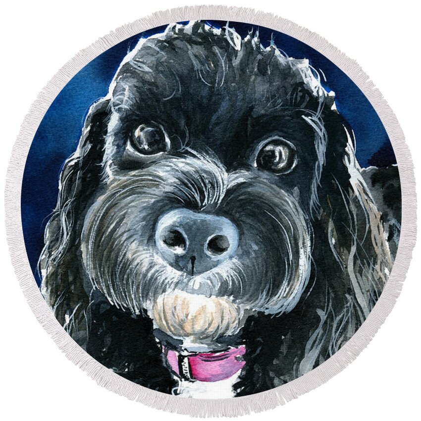Cavoodle Round Beach Towel featuring the painting Scout - Cavoodle Dog Painting by Dora Hathazi Mendes