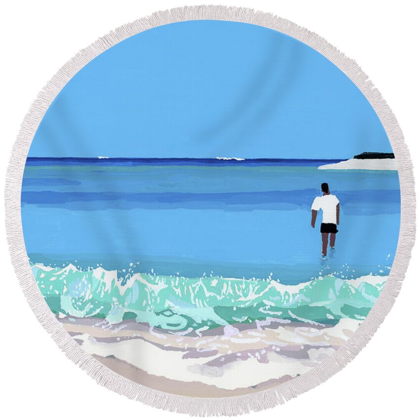 Sea And Man Round Beach Towel featuring the painting Sea And Man by Hiroyuki Izutsu