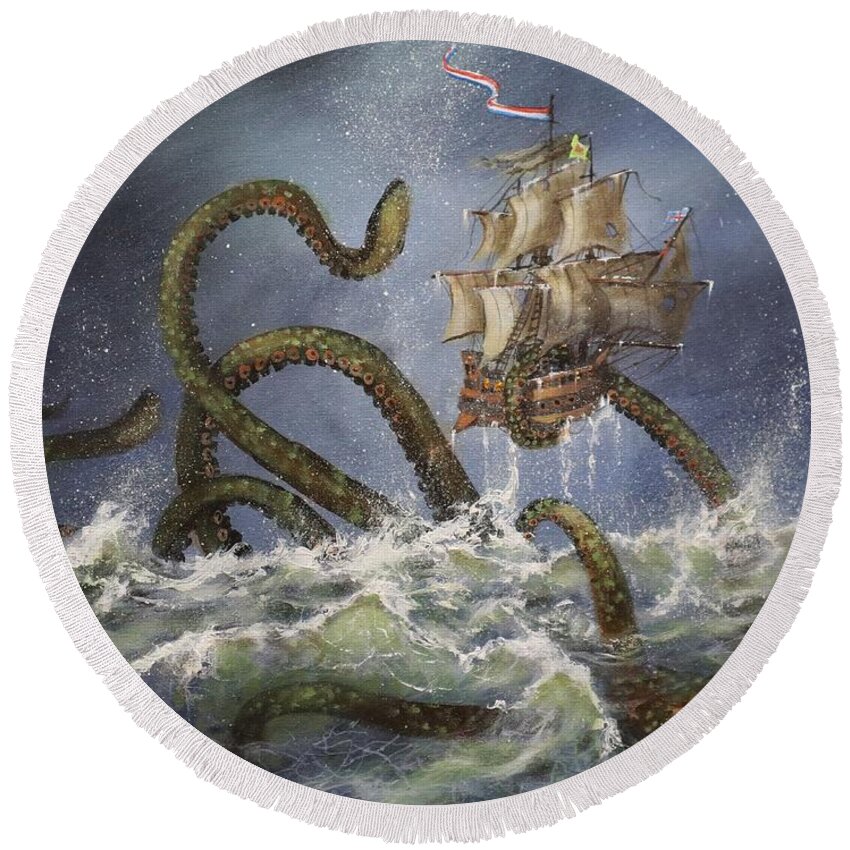 Kraken Round Beach Towel featuring the painting Sea Monster by Tom Shropshire