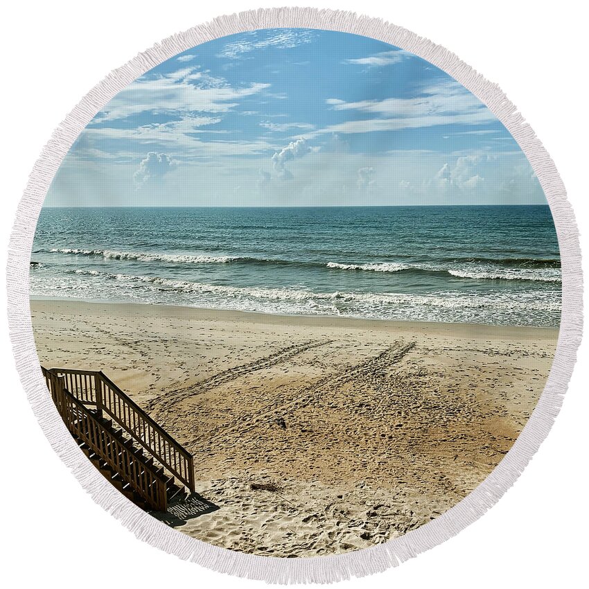 Sea Turtle Round Beach Towel featuring the photograph Sea Turtle Tracks Surf City Topsail Island N by Flippin Sweet Gear
