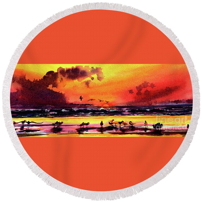 Art Round Beach Towel featuring the painting Seabird sunrise by Julianne Felton