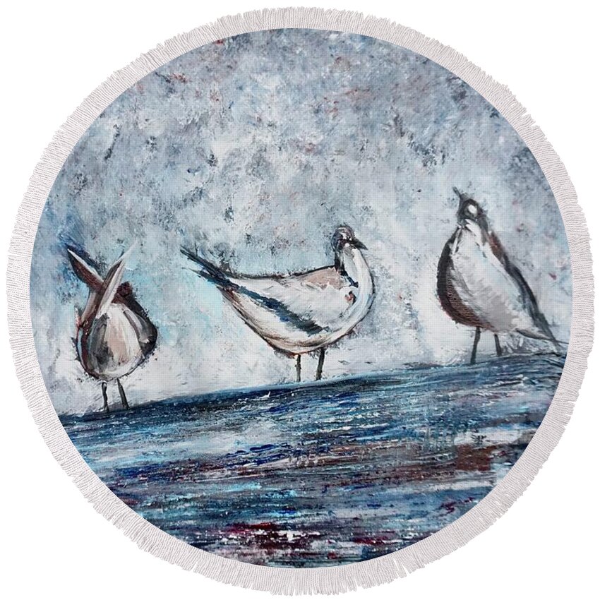 Seagulls Round Beach Towel featuring the painting Seagulls on a Roof by Patty Donoghue