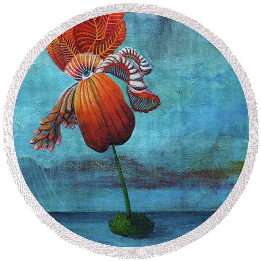 Surrealism Round Beach Towel featuring the painting Searching for Solid Ground by Mindy Huntress