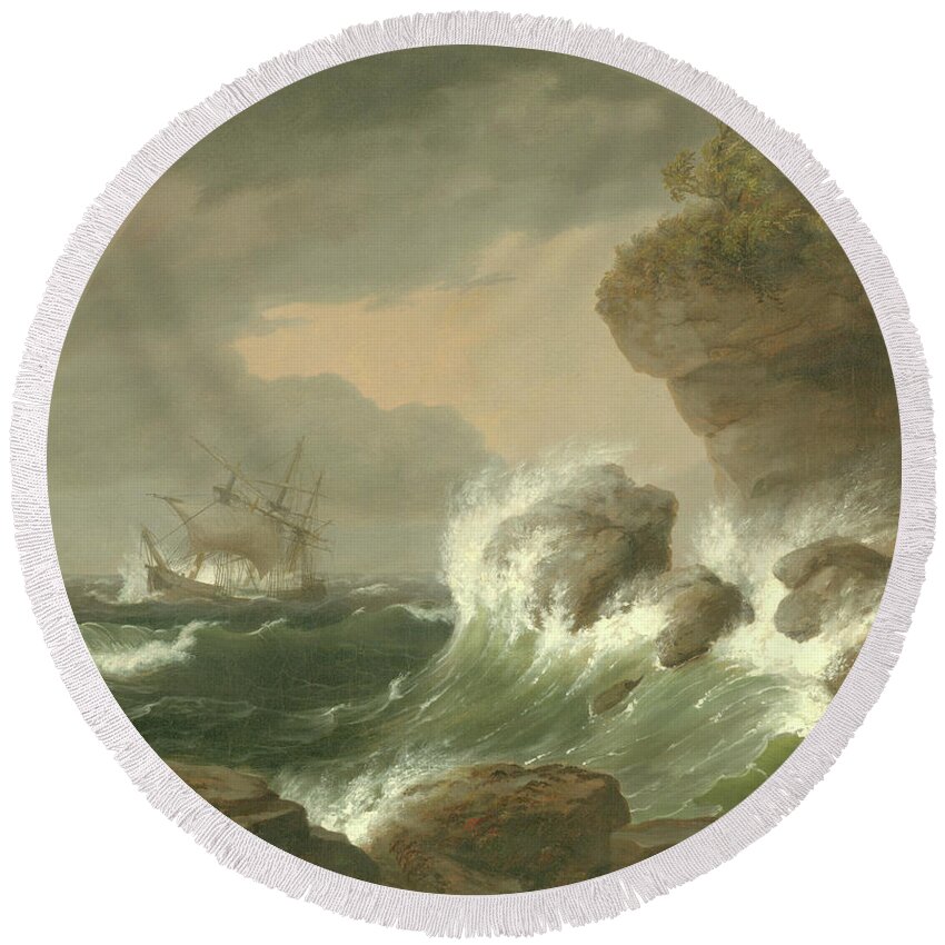 Seascape Round Beach Towel featuring the painting Seascape, 1835 by Thomas Birch