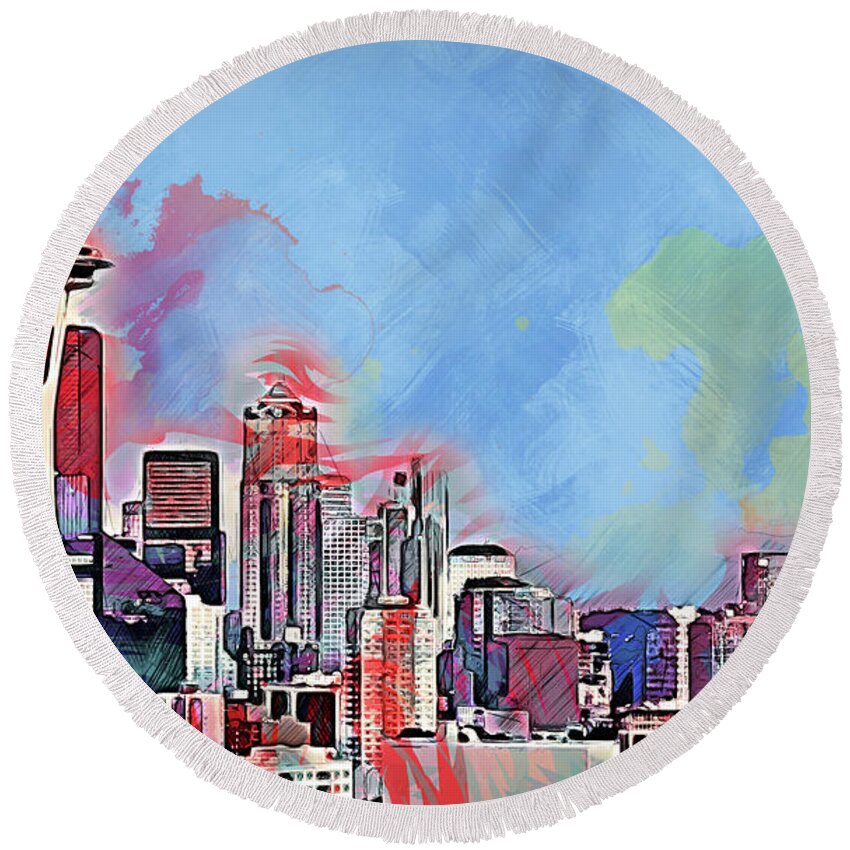 Seattle Round Beach Towel featuring the painting Seattle Skyline - 03 by AM FineArtPrints
