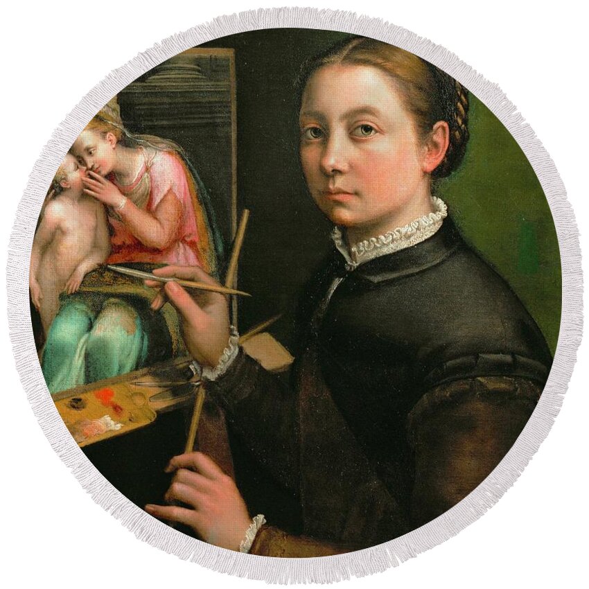 Anguissola Round Beach Towel featuring the painting Self-portrait, painting the Madonna, 1556 Canvas, 66 x 57 cm. by Sofonisba Anguissola -c 1532-1625-