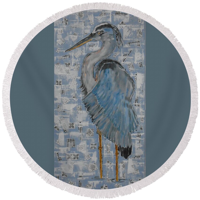Great Blue Heron Round Beach Towel featuring the mixed media Semiahmoo Heron II by Georgia Donovan