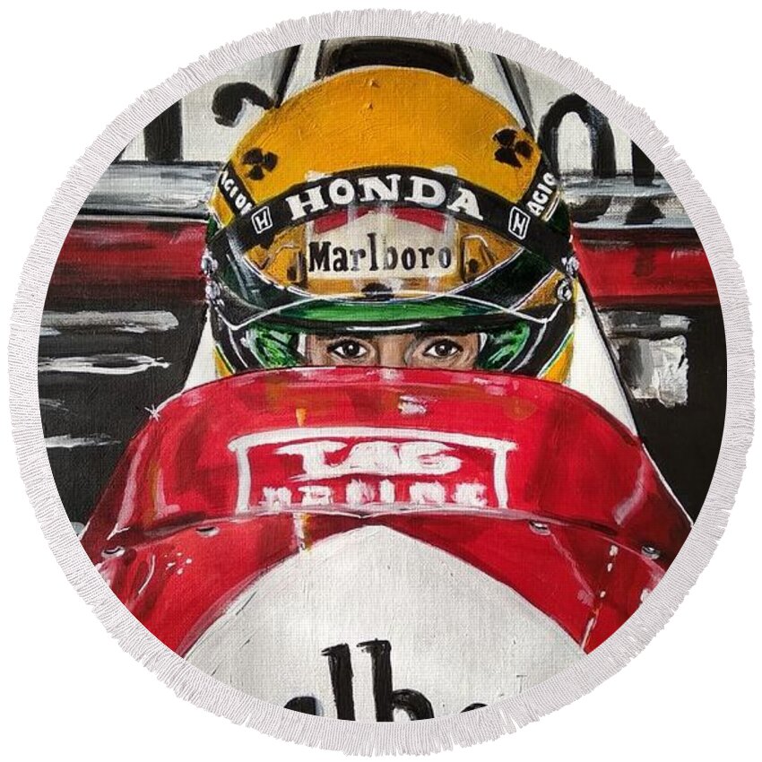 Ayrtonsenna Round Beach Towel featuring the painting Senna ready by Juan Mendez