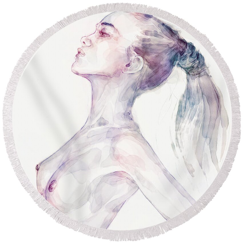 Watercolor Round Beach Towel featuring the painting Sensual pose aquarelle portrait of a girl by Dimitar Hristov