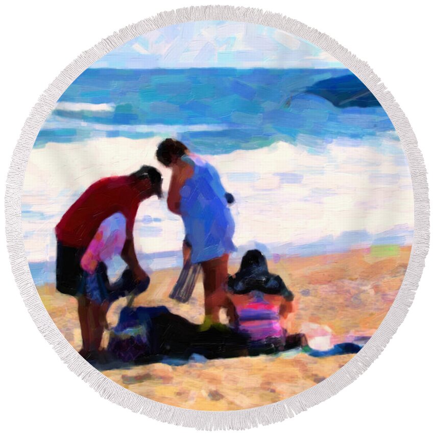 Family Outing Round Beach Towel featuring the digital art Setting Up Camp by David Zimmerman