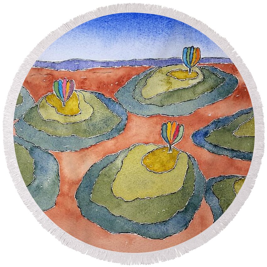 Watercolor Round Beach Towel featuring the painting Seven Hill Lore by John Klobucher