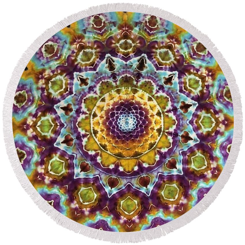 Rob Norwood Tie Dye Psychedelic Art Sacred Geometry Round Beach Towel featuring the digital art Share on by Rob Norwood