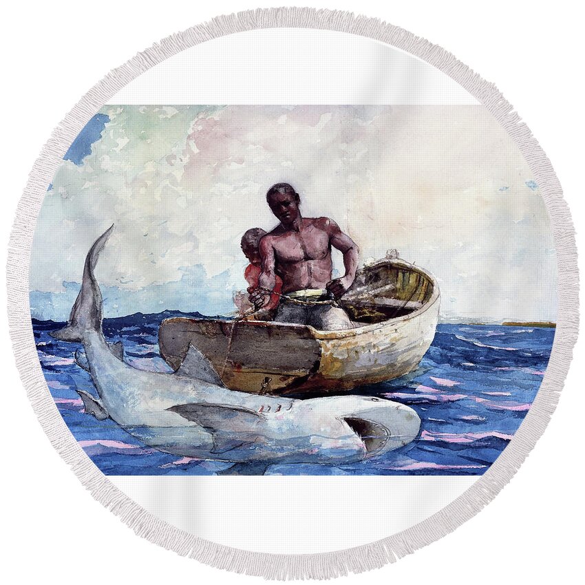 Winslow Homer Round Beach Towel featuring the painting Shark Fishing,1885 - Digital Remastered Edition by Winslow Homer