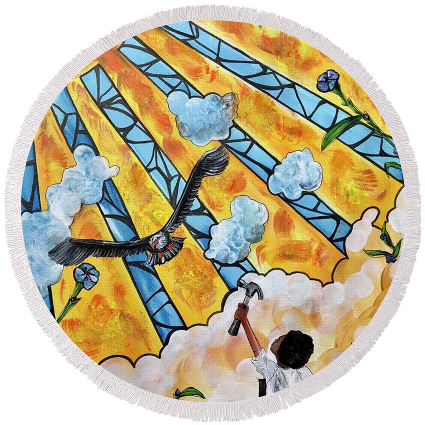 Black Art Round Beach Towel featuring the painting Shattered Skies by Artist RiA