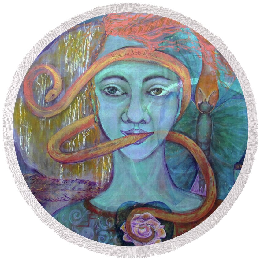 Shamanic Painting. Visionary Painting. Snake Symbolism Round Beach Towel featuring the painting She Is Not Afraid of Transformation by Feather Redfox