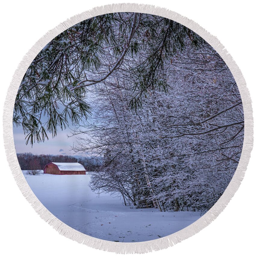 #wisconsin #outdoor #fineart #landscape #photograph #wisconsinbeauty #doorcounty #doorcountybeauty #sony #canonfdglass #beautyofnature #history #metalman #passionformonotone #homeandofficedecor #streamingmedia #wisconsin.stories #explorewisconsin #our_wisconsin_mag #jamesmaygallery #doorcountylandtrust #doorcountyusa #doorcountytoday #county.door #roamwisconsin #travelwisconsin #only.in.wisconsin #venturewisconsin #wisconsin.ig #discoverwisconsin #farm #centryfarm #farmhistory #sunset #oldshed Round Beach Towel featuring the photograph Shed at Sunset by David Heilman