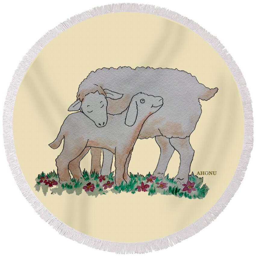 Sheep Round Beach Towel featuring the painting Sheep by AHONU Aingeal Rose