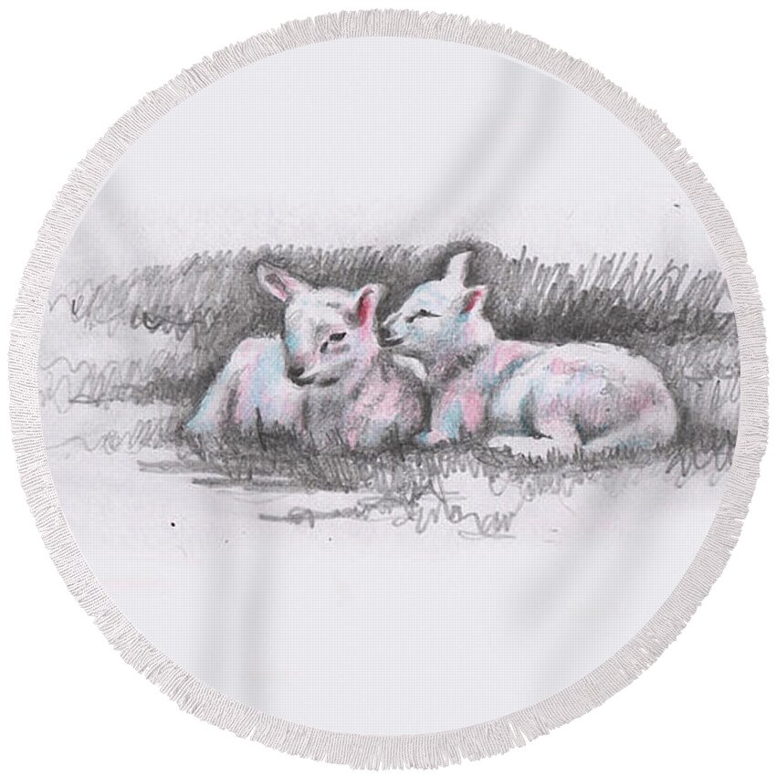 Sheep Round Beach Towel featuring the drawing Sheep sketch I by Helen White