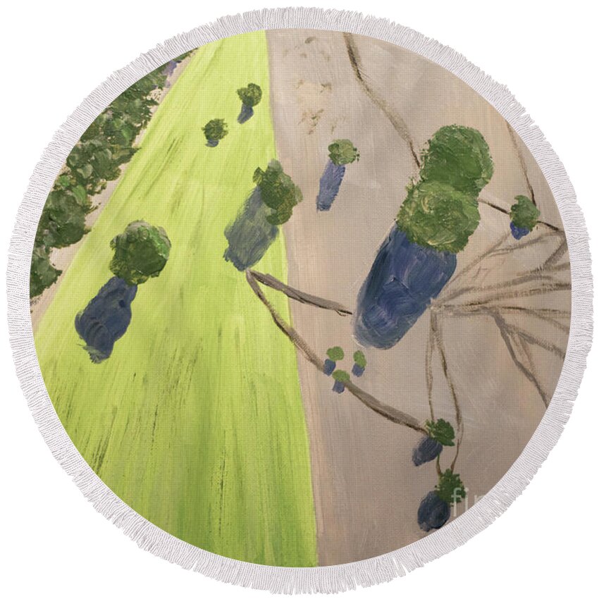 Aerial Round Beach Towel featuring the painting Sheep Tracks by Linda Lees