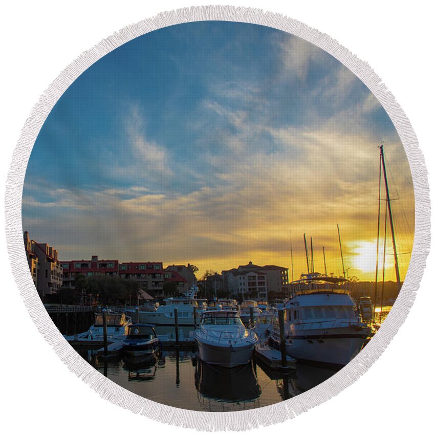 Shelter Cove Round Beach Towel featuring the photograph Shelter Cove Marina Sunset in March by Dennis Schmidt