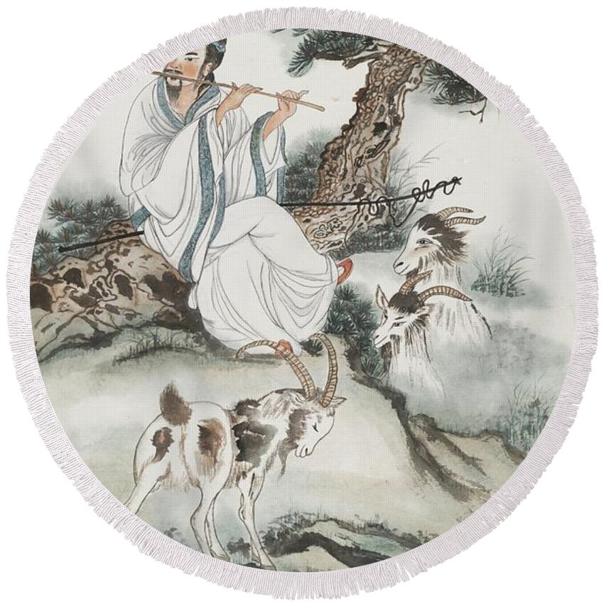 Chinese Watercolor Round Beach Towel featuring the painting Shepherd Serenading His Goats by Jenny Sanders