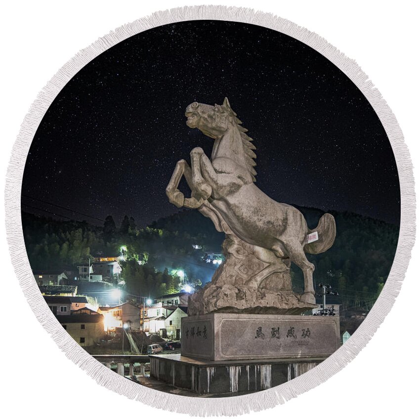 Statue Round Beach Towel featuring the photograph Shima Village Starry Night by William Dickman