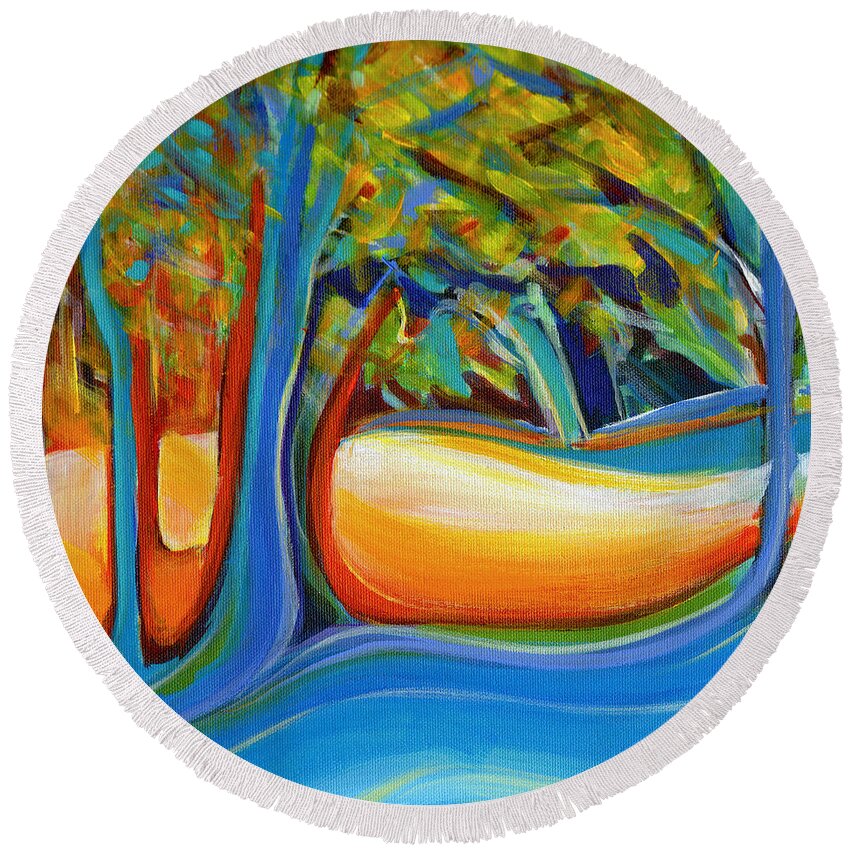 Contemporary Painting Round Beach Towel featuring the painting Shimmering Whispers by Tanya Filichkin