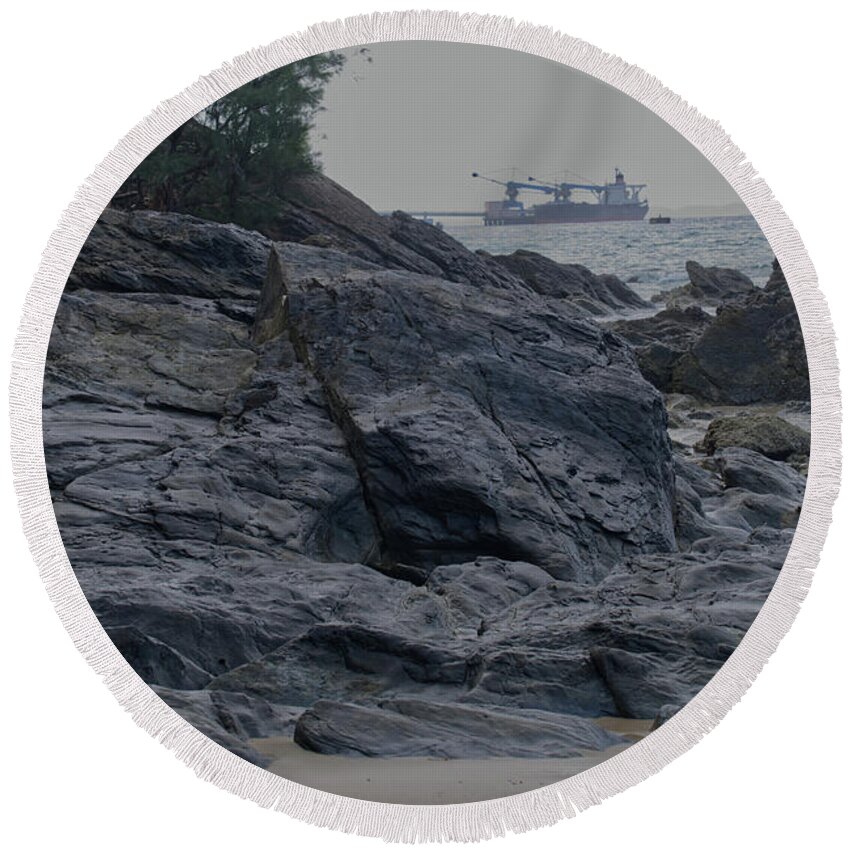 Rocks Round Beach Towel featuring the photograph Ship through the rocks by Eric Hafner