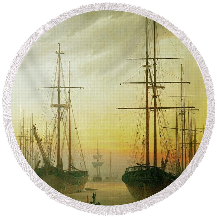 Caspar David Friedrich Round Beach Towel featuring the painting Ships in the harbour. Oil on canvas. by Caspar David Friedrich -1774-1840-