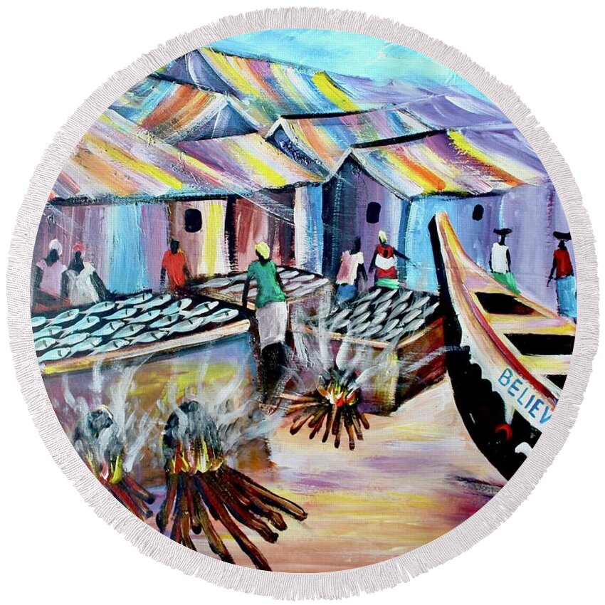 Africa Round Beach Towel featuring the painting Shore Coast by Justin Laryea