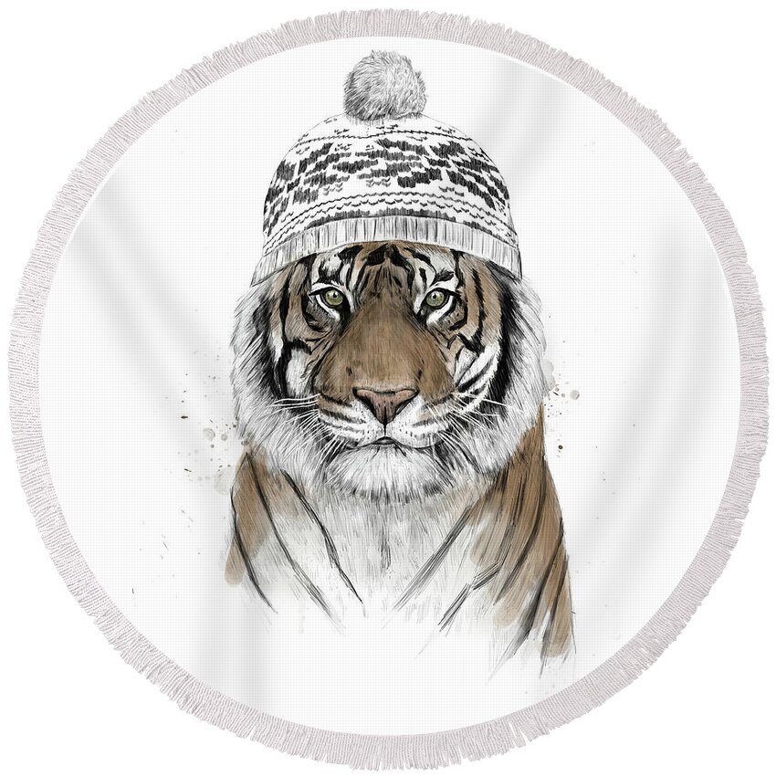 Tiger Round Beach Towel featuring the mixed media Siberian tiger by Balazs Solti