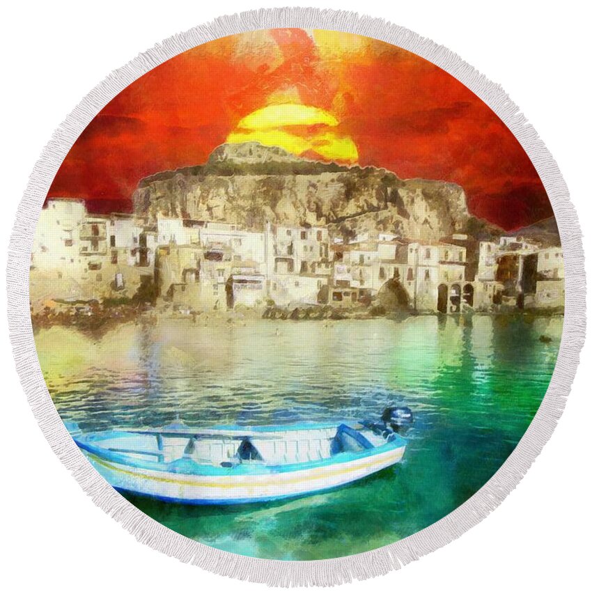 Italia Round Beach Towel featuring the painting Sicily Sunset by Stefano Senise