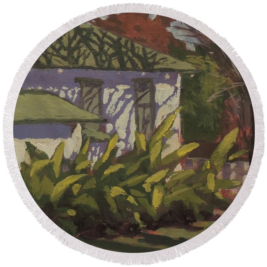 Side Yard Plants Round Beach Towel featuring the painting Side Yard Plants by Bill Tomsa