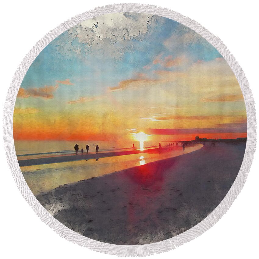 Siesta Key Florida Round Beach Towel featuring the painting Siesta Key, Florida Sunset - 04 by AM FineArtPrints
