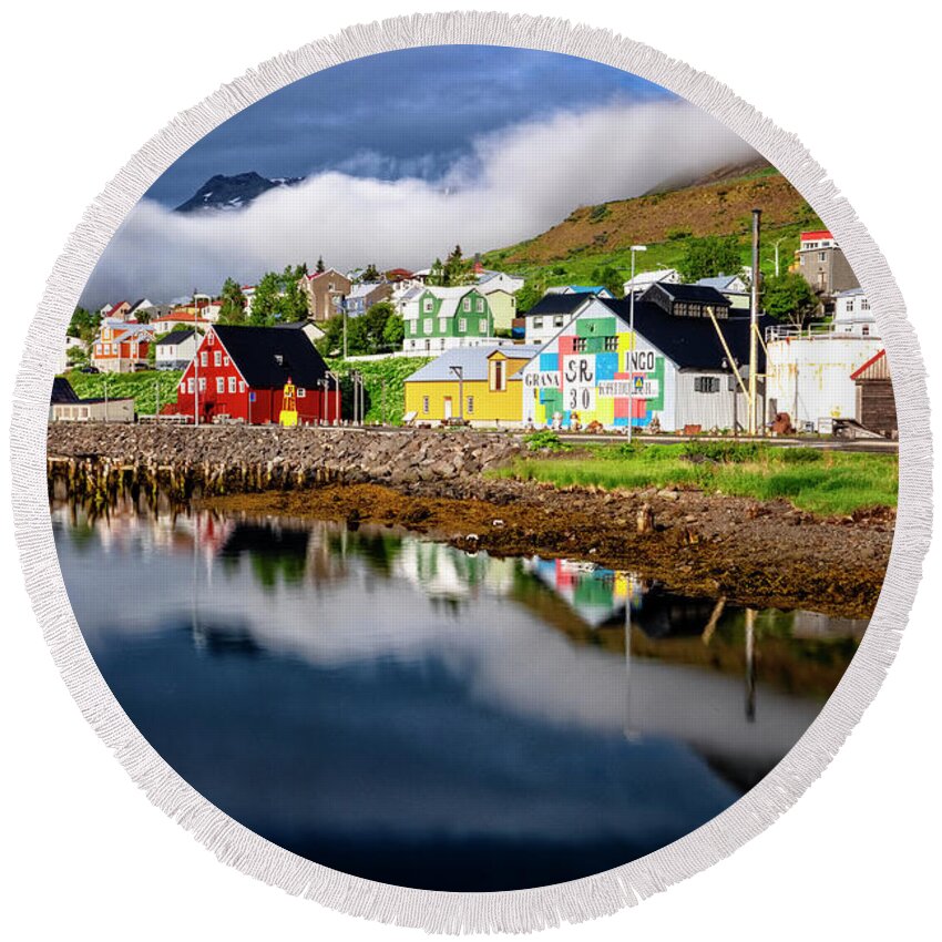 Iceland Round Beach Towel featuring the photograph Siglufjorour Harbor Houses by Tom Singleton