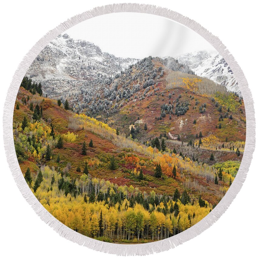 Utah Round Beach Towel featuring the photograph Silver Lake Flat with Fall Colors - American Fork Canyon, Utah by Brett Pelletier