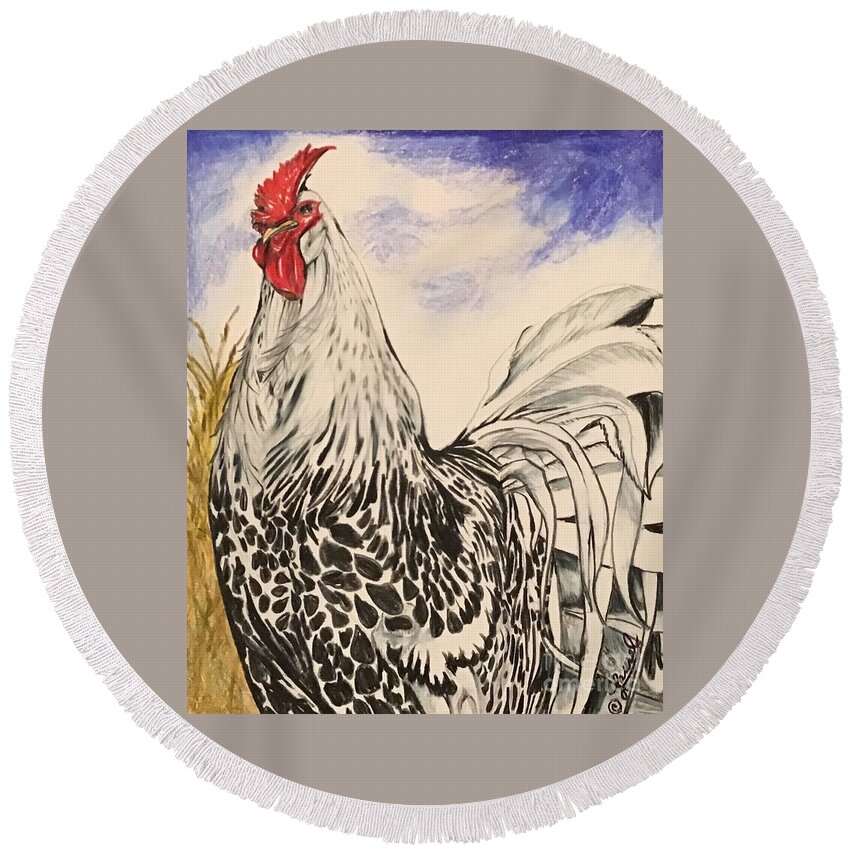 Rooster Round Beach Towel featuring the drawing Silver Spangled Hamburg Rooster, Coloured by Laurel Adams