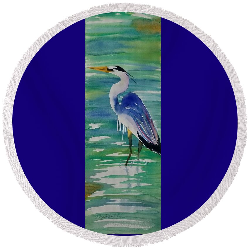 Blue Heron Round Beach Towel featuring the painting Sir Blue by Ann Frederick