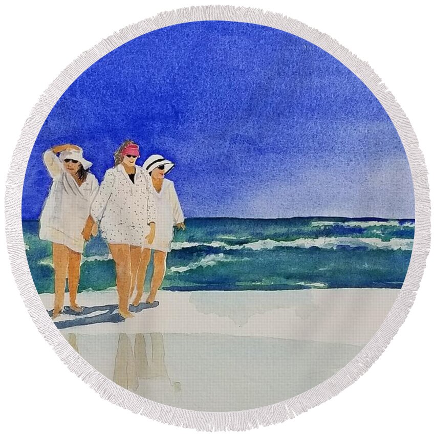 Sisters Round Beach Towel featuring the painting Sisters by Ann Frederick