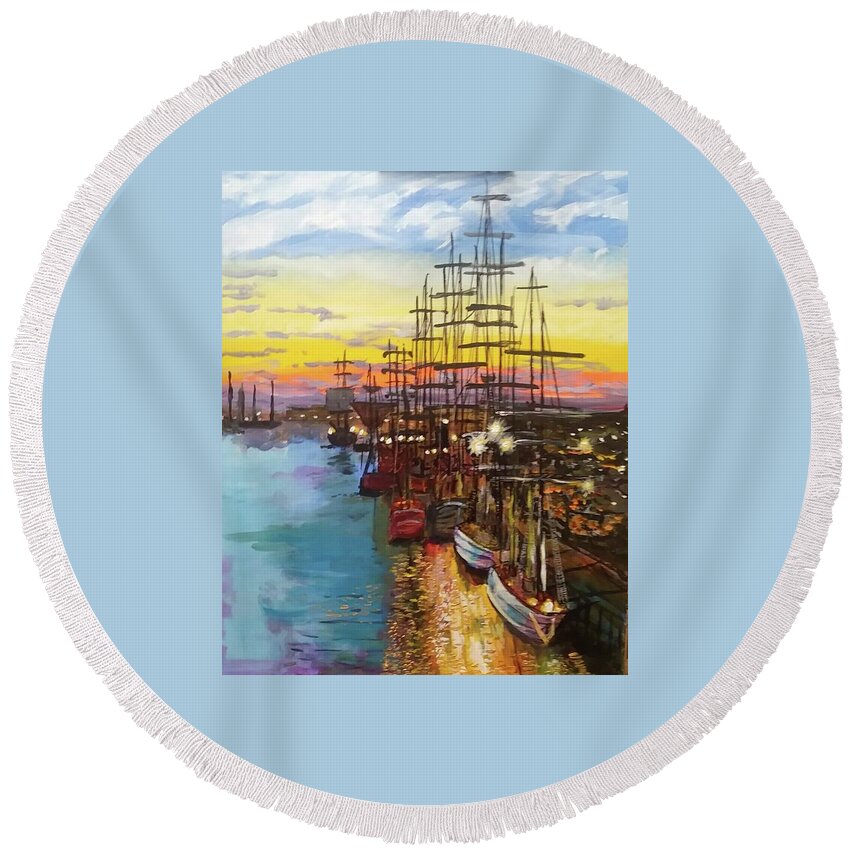 Seaport Round Beach Towel featuring the painting Sitting on the Dock of the Bay by Mike Benton