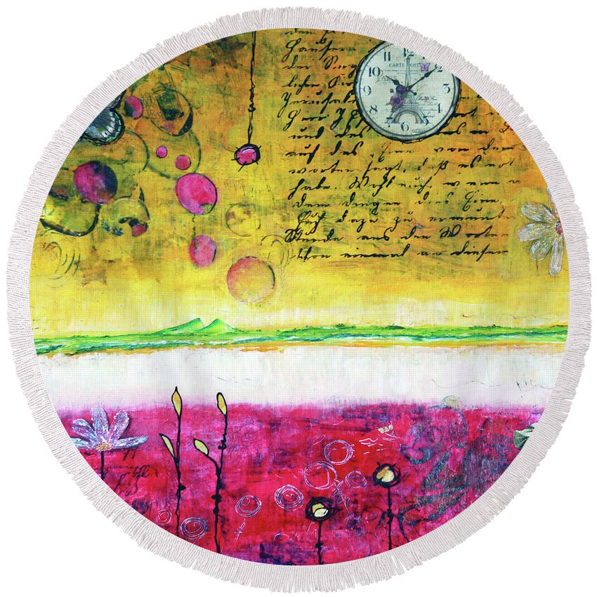 Whimsical Round Beach Towel featuring the painting Sitting On The Edge Of Eternity by Winona's Sunshyne