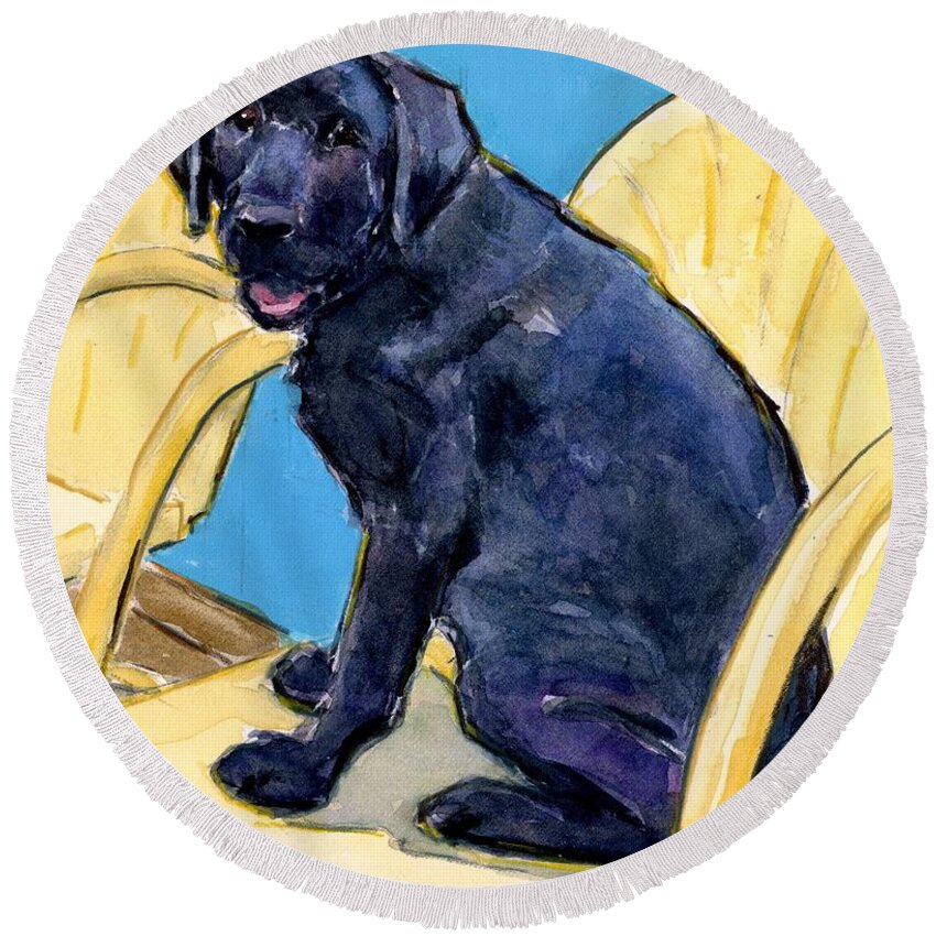 Black Lab Round Beach Towel featuring the painting Sitting Pretty by Molly Poole