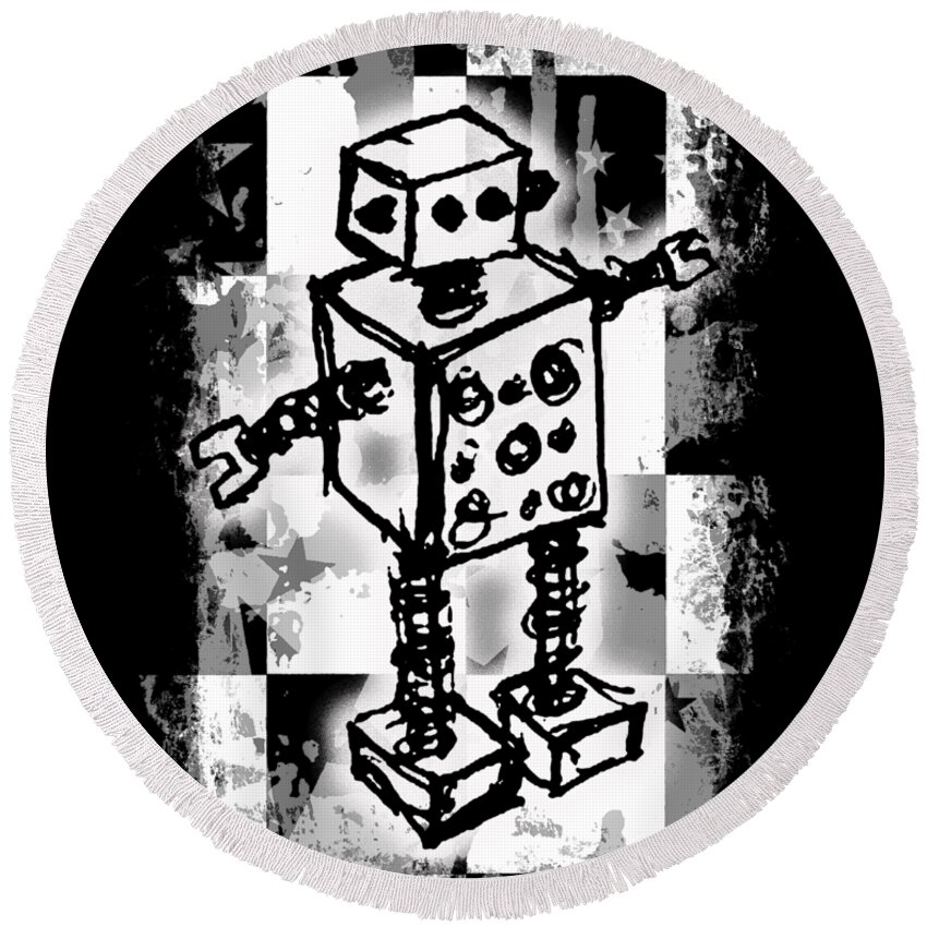Robot Round Beach Towel featuring the digital art Sketched Robot Graphic by Roseanne Jones