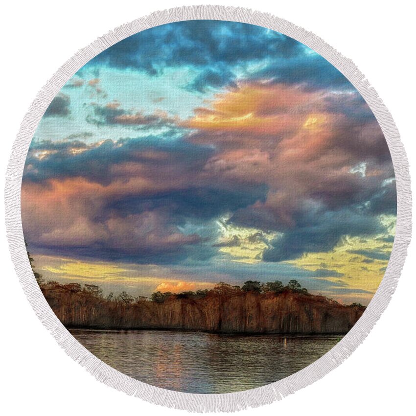 Sunset Round Beach Towel featuring the photograph Skies A Glow by Kathy Baccari