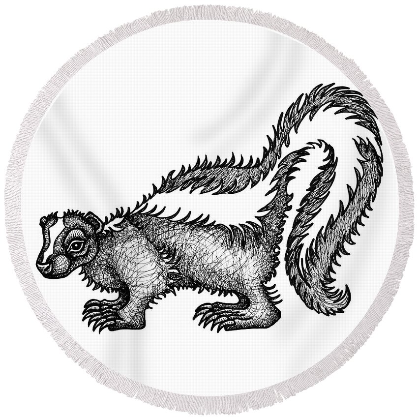 Animal Portrait Round Beach Towel featuring the drawing Skunk by Amy E Fraser