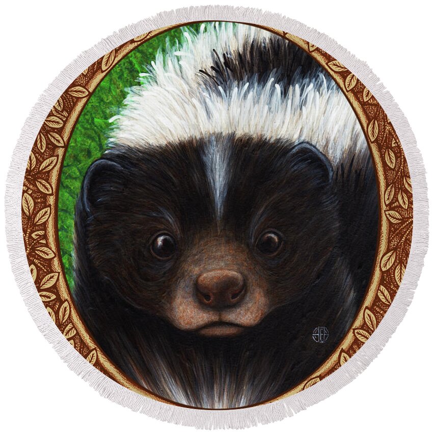 Animal Portrait Round Beach Towel featuring the painting Skunk Portrait - Brown Border by Amy E Fraser