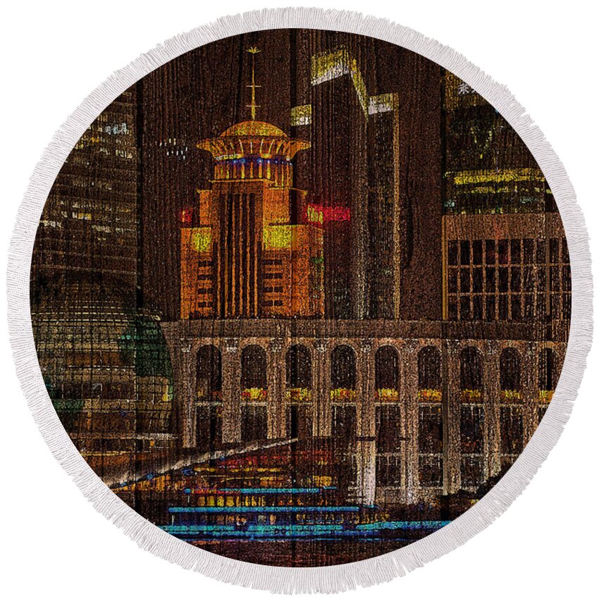 Shanghai Round Beach Towel featuring the mixed media Skyline of Shanghai, China on Wood by Alex Mir